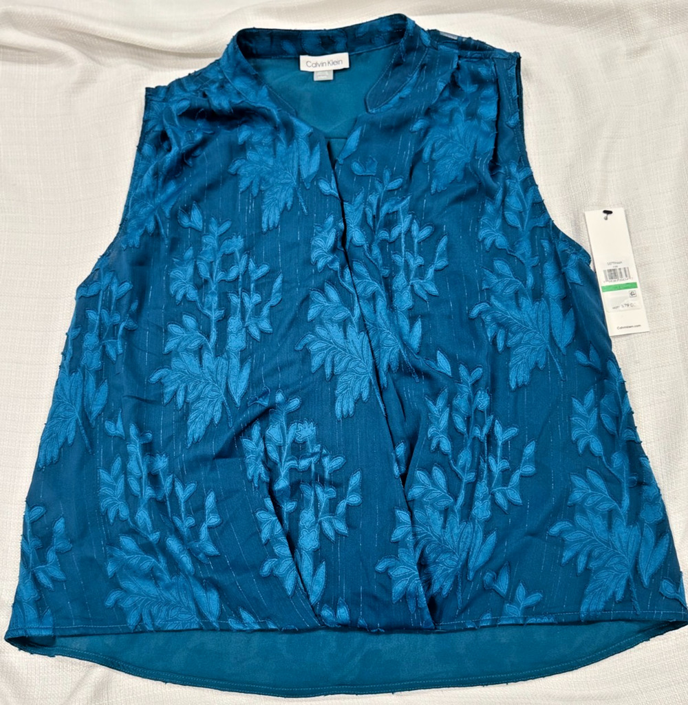 Calvin Klein Womens Large Teal Sleeveless Floral Textured Blouse Split Neck NWT